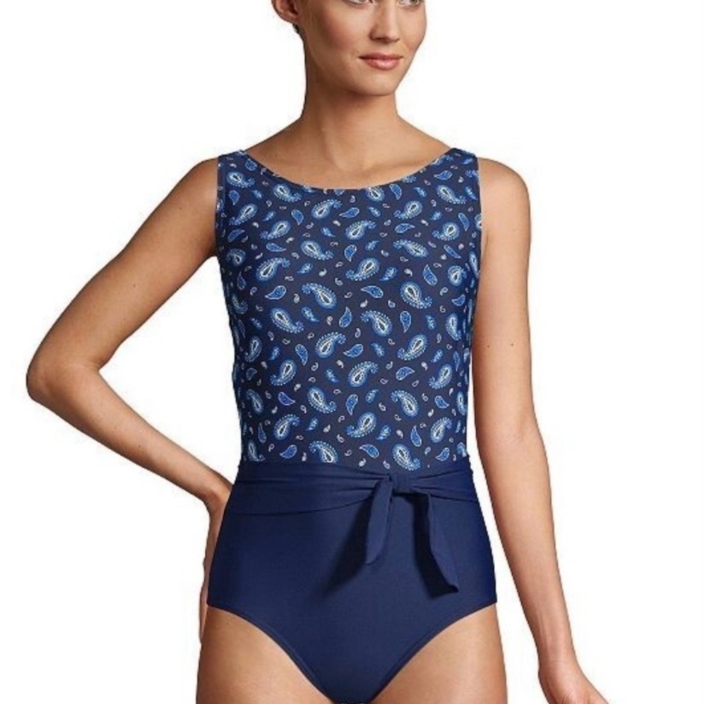 Lands’ End • Navy Paisley High Neck Tummy Control One Piece Swimsuit • Size 14